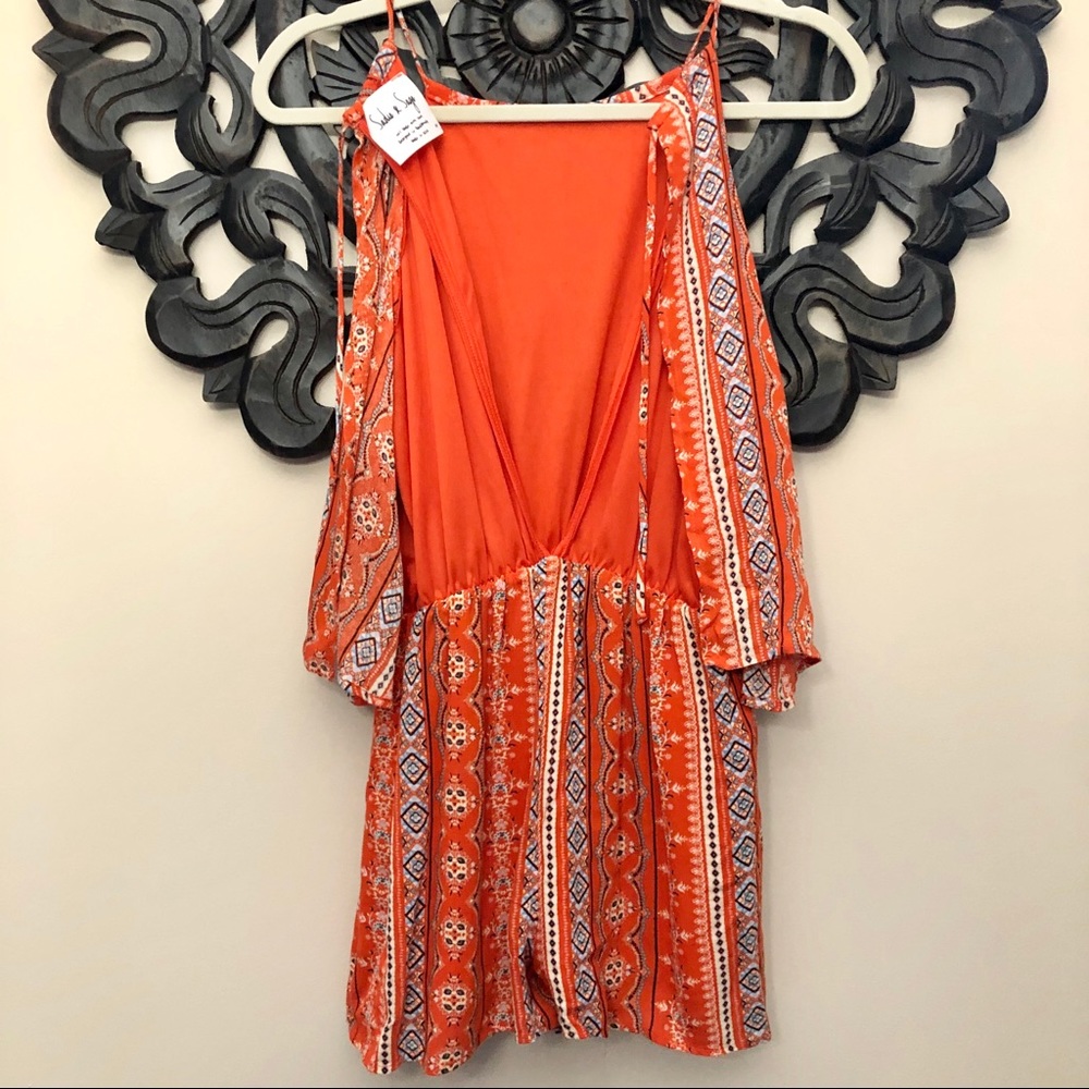Sadie & Sage Red Orange Popover Aztec Boho Romper - Picture 6 of 10